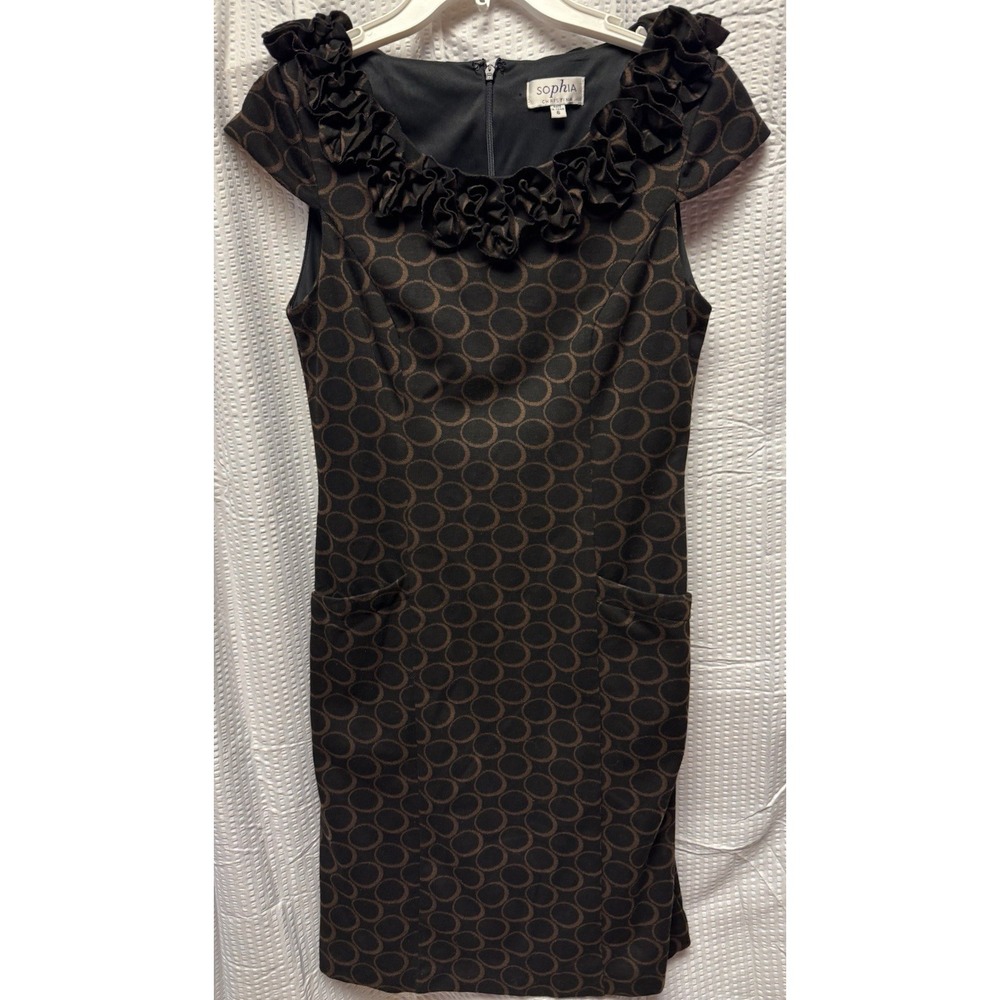 Sophia Christina Dress SZ 6 Black Brown Stretch Short Cap Slv Back Zip Lined